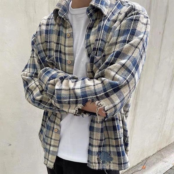 men's casual shirts style vujade ripped shirt kenijima high streetwear couple vibe coat men women plaid jackets, White;black
men's casual shirts style vujade ripped shirt kenijima high streetwear couple vibe coat men women plaid jackets, White;black