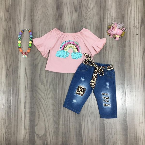 spring baby girls rainbow shirt leopard capri jeans outfit with bow necklace, White
spring baby girls rainbow shirt leopard capri jeans outfit with bow necklace, White