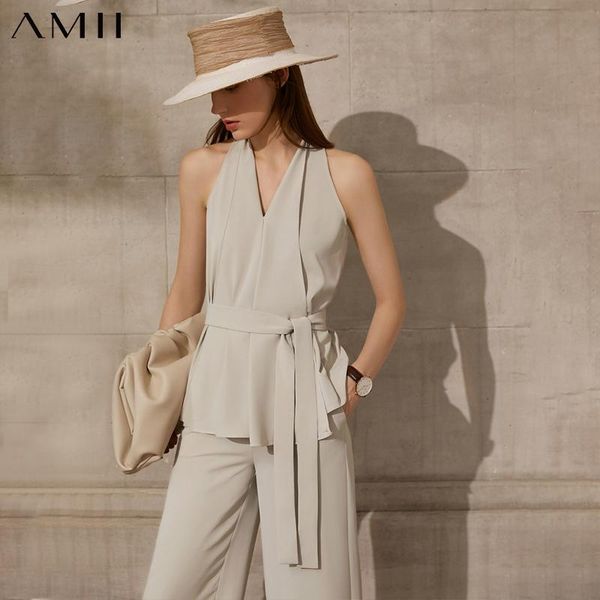 women's two piece pants amii minimalism summer set fashion soild halter belt blouse causal high waist 12140177, White
women's two piece pants amii minimalism summer set fashion soild halter belt blouse causal high waist 12140177, White