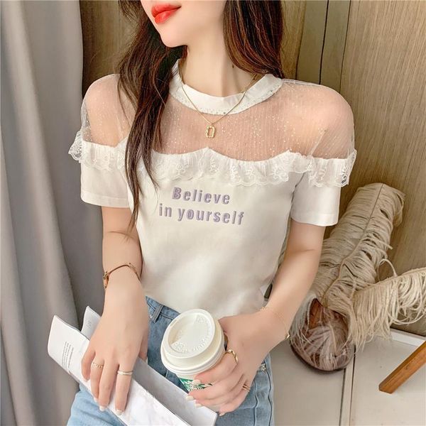 women's blouses & shirts 2021 summer bright silk yarn splicing lace short sleeve t-shirt female letter embroidery round neck fashion, White
women's blouses & shirts 2021 summer bright silk yarn splicing lace short sleeve t-shirt female letter embroidery round neck fashion, White
