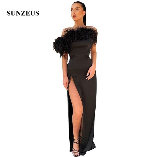 party dresses 2021 evening dress long black satin formal gowns feathers neck off shoulder side slit women robe, White;black
party dresses 2021 evening dress long black satin formal gowns feathers neck off shoulder side slit women robe, White;black