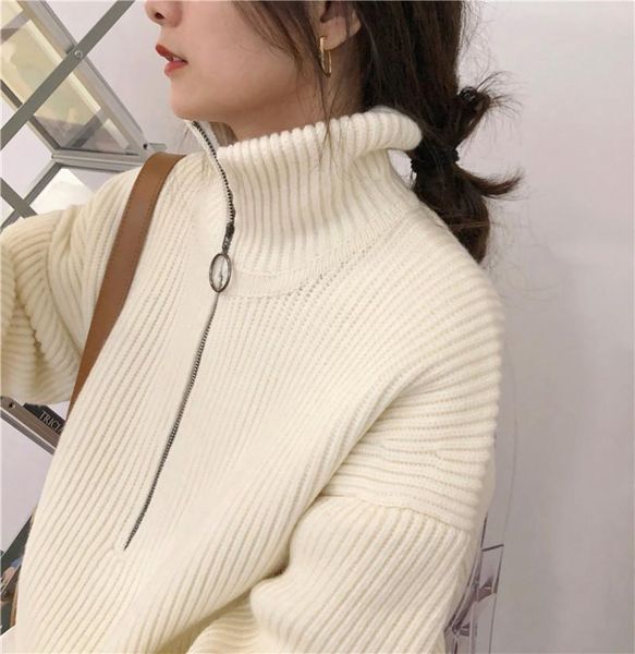 women's sweaters pit stripes cashmere women loose casual knited pullovers ladies 2021 winter zipper turn-down collar thick jumper, White;black
women's sweaters pit stripes cashmere women loose casual knited pullovers ladies 2021 winter zipper turn-down collar thick jumper, White;black