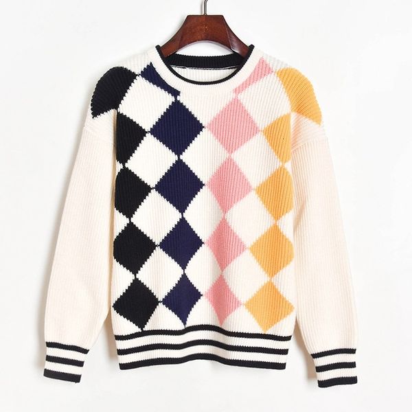knits contrast argyle fall winter thick sweater women o-neck pullover sueter mujer jumpers, White
knits contrast argyle fall winter thick sweater women o-neck pullover sueter mujer jumpers, White