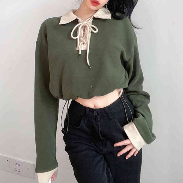 women's hoodie college age color bandage cross long sleeve t-shirt loose pullover high waist, Black
women's hoodie college age color bandage cross long sleeve t-shirt loose pullover high waist, Black