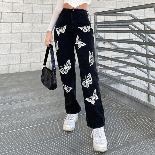 women's jeans jeans, personalized butterfly print retro overalls, high waist, thin, loose, wild black straight trousers, Blue
women's jeans jeans, personalized butterfly print retro overalls, high waist, thin, loose, wild black straight trousers, Blue