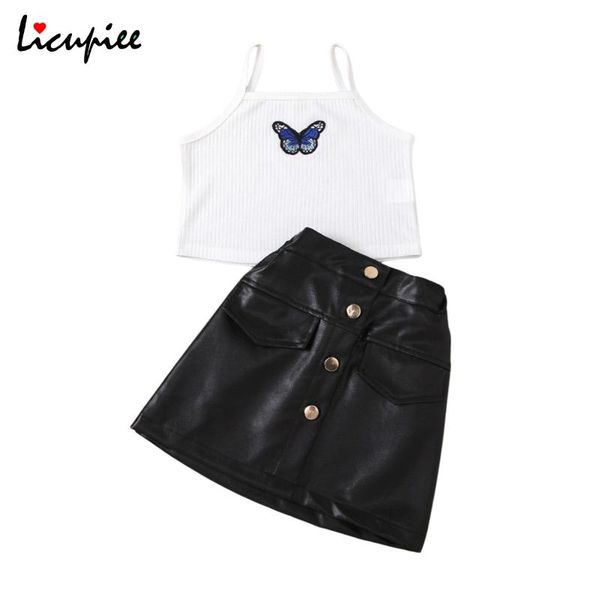 1-6 years girl\u2021s summer two piece set fashion butterfly print cropped camisole leather a-line short skirt clothing sets, White
1-6 years girl\u2021s summer two piece set fashion butterfly print cropped camisole leather a-line short skirt clothing sets, White