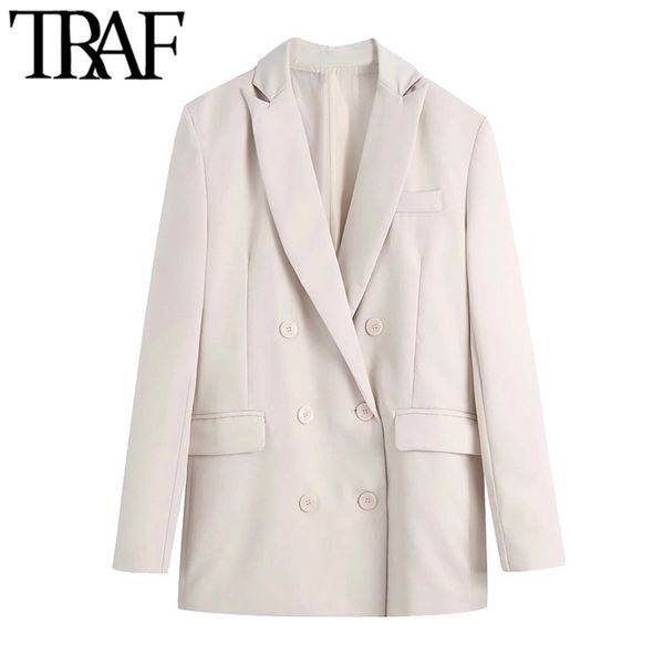 women fashion double breasted blazer coat vintage long sleeve pockets female outerwear chic 210507, White;black
women fashion double breasted blazer coat vintage long sleeve pockets female outerwear chic 210507, White;black