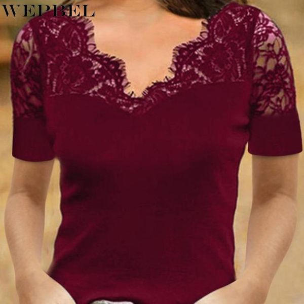 women's t-shirt wepbel lace solid color stitching summer fashion hollow out short sleeve v-neck slim top, White
women's t-shirt wepbel lace solid color stitching summer fashion hollow out short sleeve v-neck slim top, White