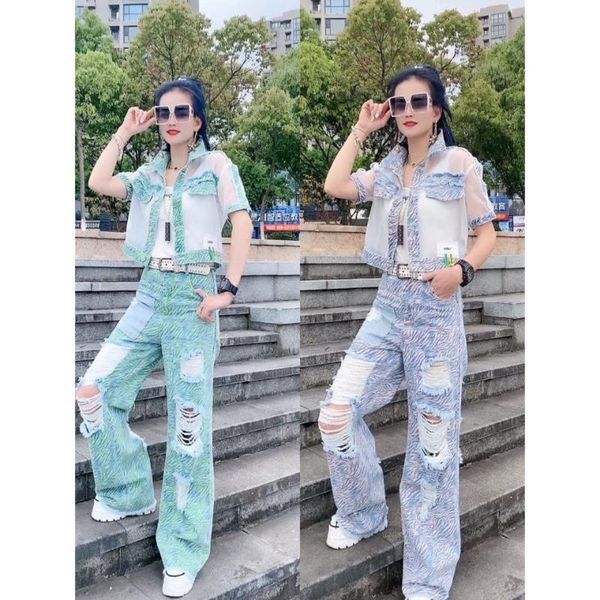 women's two piece pants women 's suit 2021 summer stitching hollow out short sleeve jacket + fashion hole wide leg jeans, White
women's two piece pants women 's suit 2021 summer stitching hollow out short sleeve jacket + fashion hole wide leg jeans, White