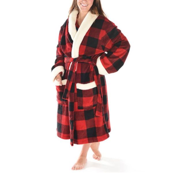 women's sleepwear winter lapel long robes plaid printed bathrobe long-sleeved plush shawl homewear women pajamas with pocket belt t8, Black;red
women's sleepwear winter lapel long robes plaid printed bathrobe long-sleeved plush shawl homewear women pajamas with pocket belt t8, Black;red