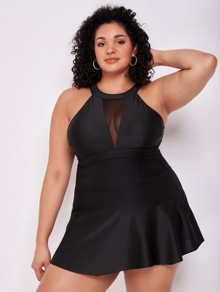 plus mesh insert flounce hem one piece swimsuit n85z#, Black 
plus mesh insert flounce hem one piece swimsuit n85z#, Black