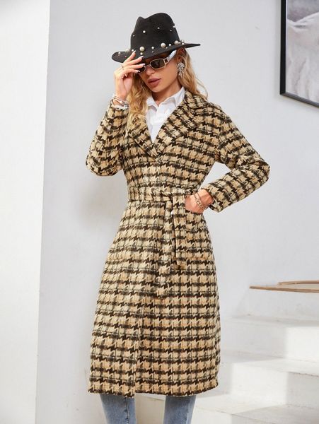 simplee houndstooth pattern lapel neck double pocket belted tweed overcoat 18br#, Black
simplee houndstooth pattern lapel neck double pocket belted tweed overcoat 18br#, Black