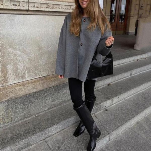 women's wool & blends winter gray jacket women o-neck drop-shoulder sleeve loose coat mujer 2021 elegant plus size outwear, Black
women's wool & blends winter gray jacket women o-neck drop-shoulder sleeve loose coat mujer 2021 elegant plus size outwear, Black