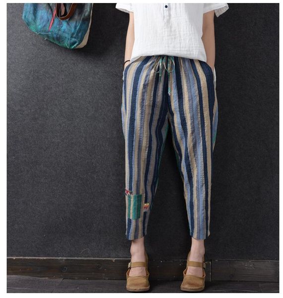 women's pants & capris summer cotton and linen striped casual nine points thin literary retro wild patch loose harem, Black;white
women's pants & capris summer cotton and linen striped casual nine points thin literary retro wild patch loose harem, Black;white