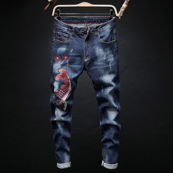 fashion jeans design style small straight elastic men's embroidery carp slim pants 7703, Blue
fashion jeans design style small straight elastic men's embroidery carp slim pants 7703, Blue
