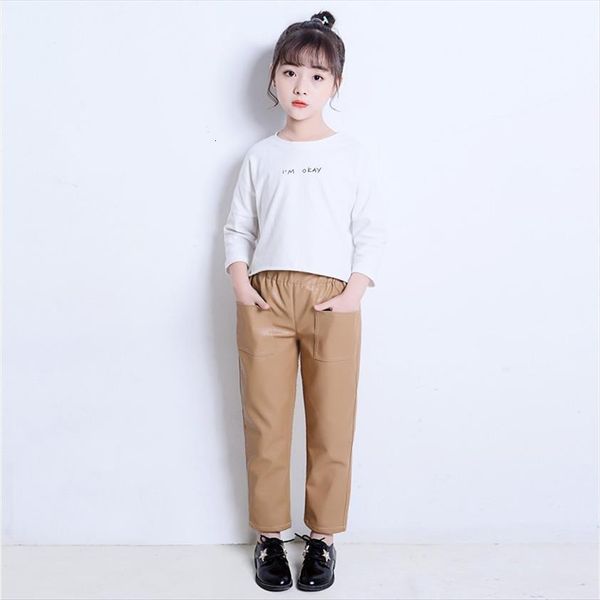 kids loose pu pants girls faux leather longs trousers spring autumn 3 12yrs girl straight full length leisure clothes, Blue