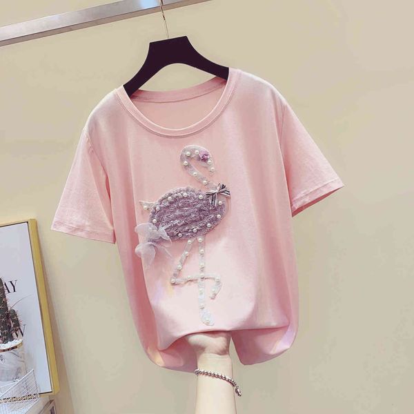 tee cute pink heavy beaded embroidery pure cotton short-sleeved t-shirt ladies shirt fashion, White
tee cute pink heavy beaded embroidery pure cotton short-sleeved t-shirt ladies shirt fashion, White