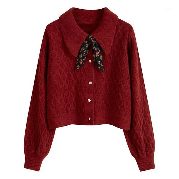 women's knits & tees 2021 year red short sweater wear autumn and winter cardigan coat small doll collar, White
women's knits & tees 2021 year red short sweater wear autumn and winter cardigan coat small doll collar, White