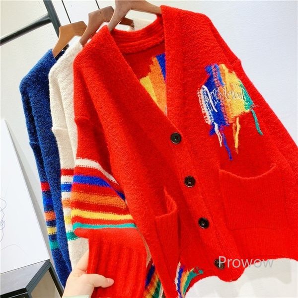 knits rainbow contrast v-neck sweater jacket women thick long oversized spring autumn outwear knit cardigan, White
knits rainbow contrast v-neck sweater jacket women thick long oversized spring autumn outwear knit cardigan, White