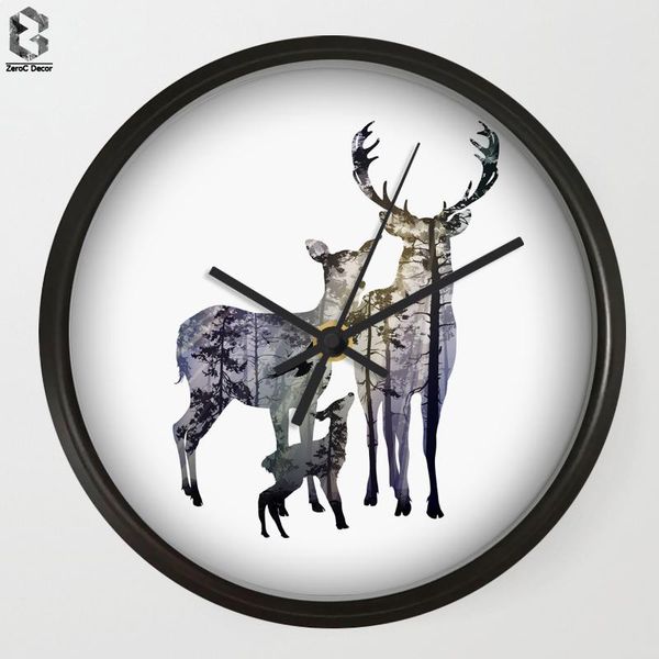 wall clocks nordic art silhouette of forest with deer for bedroom decoration, table decorative mute quartz clock home decor 
wall clocks nordic art silhouette of forest with deer for bedroom decoration, table decorative mute quartz clock home decor