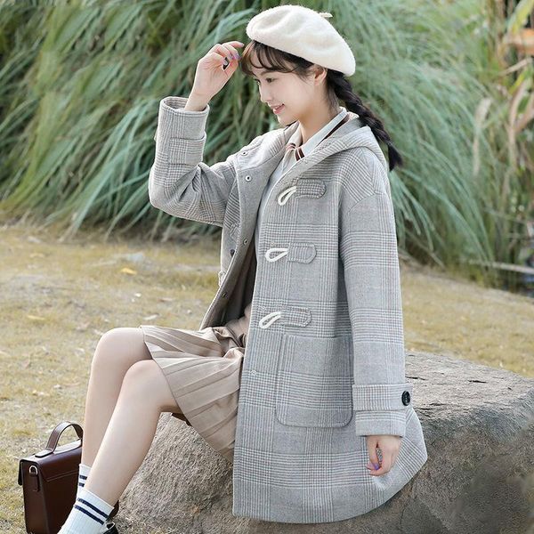 women's wool & blends jacket women coat horn button plaid girls' high school girls winter clothes middle veste manteau femme, Black
women's wool & blends jacket women coat horn button plaid girls' high school girls winter clothes middle veste manteau femme, Black
