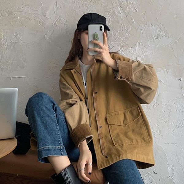 heavy industry contrast lapel casual jacket women's korean autumn versatile bf style loose cool long sleeve trend jackets, Black;brown
heavy industry contrast lapel casual jacket women's korean autumn versatile bf style loose cool long sleeve trend jackets, Black;brown