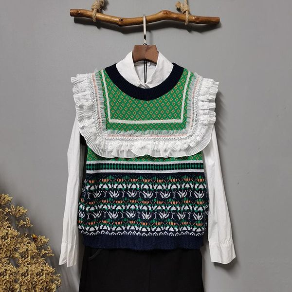 women's vests vintage ruffles lace patchwork sweater vest women 2021 autumn winter o neck pullover knitted sleeveless jecket gilet femm, Black;white
women's vests vintage ruffles lace patchwork sweater vest women 2021 autumn winter o neck pullover knitted sleeveless jecket gilet femm, Black;white