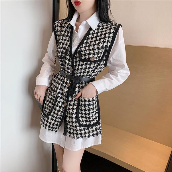women's vests "three-piece set" 2021 long shirt slim age reduction houndstooth vest coat fashion dating work outfits women, Black;white
women's vests "three-piece set" 2021 long shirt slim age reduction houndstooth vest coat fashion dating work outfits women, Black;white