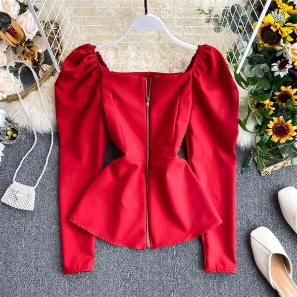 women's short shirt retro square collar zipper coat slim fit ruffles swing waist wild puff sleeve ml572 210506, White
women's short shirt retro square collar zipper coat slim fit ruffles swing waist wild puff sleeve ml572 210506, White