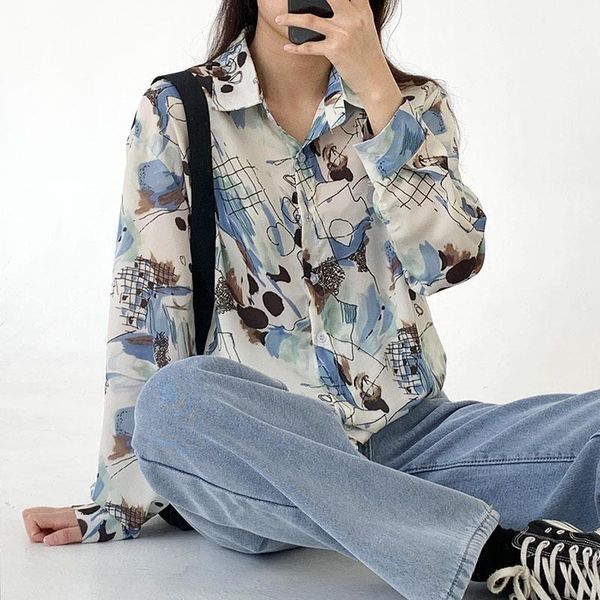 women's blouses & shirts spring summer vintage women ea turn-down collar pocket female femme graffiti chiffon ladies, White
women's blouses & shirts spring summer vintage women ea turn-down collar pocket female femme graffiti chiffon ladies, White