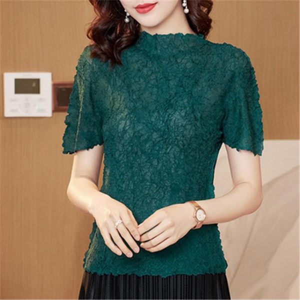 women's t-shirt miyake pleated high-quality short-sleeved 2021 summer fashion and comfortable slim half high neck thin women, White
women's t-shirt miyake pleated high-quality short-sleeved 2021 summer fashion and comfortable slim half high neck thin women, White