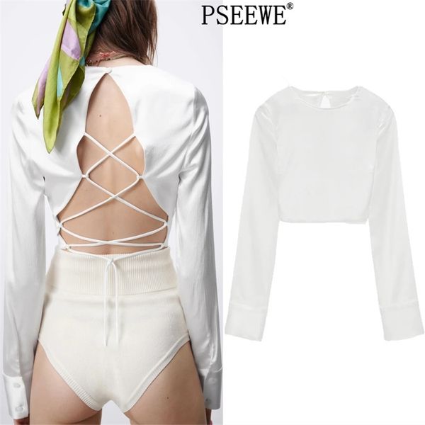 crop women satin white woman blouse long sleeve crossed tie backless female high street short 210519
crop women satin white woman blouse long sleeve crossed tie backless female high street short 210519