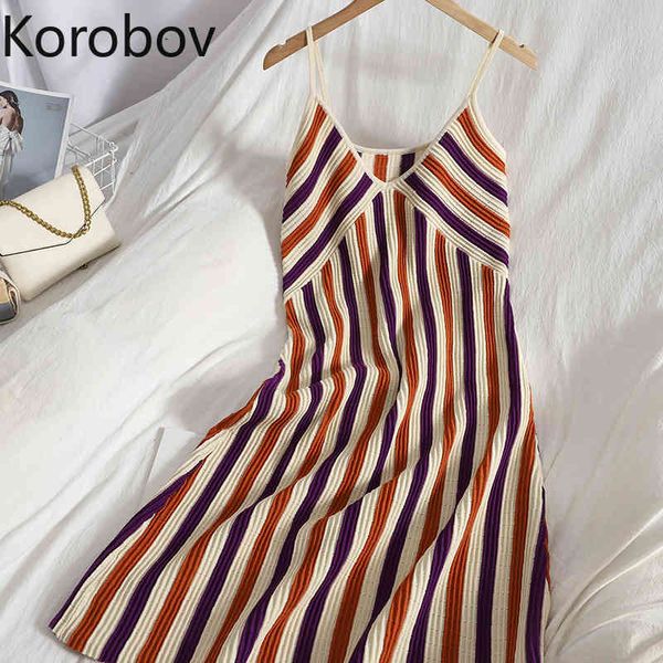 korobov summer new women knitted dress vintage striped spaghetti strap dresses korean hit color patchwork vestidos femme 210430, Black;gray
korobov summer new women knitted dress vintage striped spaghetti strap dresses korean hit color patchwork vestidos femme 210430, Black;gray