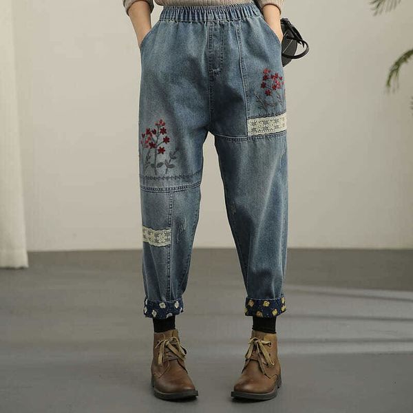 jean spring arts style women elastic waist loose casual jeans flower embroidery vintage patchwork lace denim harem pants v238 cj7y, Blue
jean spring arts style women elastic waist loose casual jeans flower embroidery vintage patchwork lace denim harem pants v238 cj7y, Blue