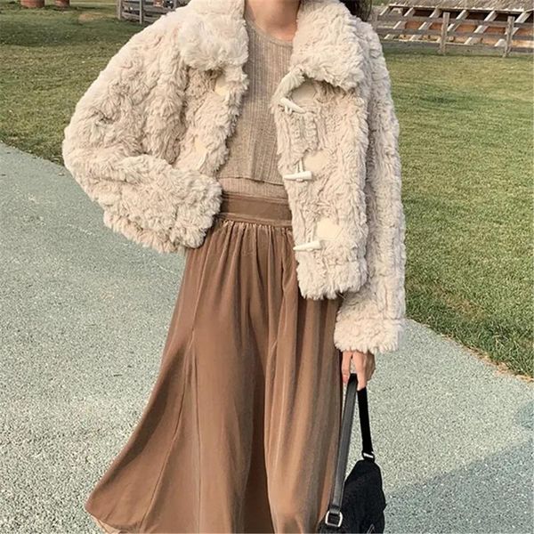 women's fur & faux winter designer wool blend short jacket women thick faux lambwool coat lady claw buckle cardigan white turn-do, Black
women's fur & faux winter designer wool blend short jacket women thick faux lambwool coat lady claw buckle cardigan white turn-do, Black