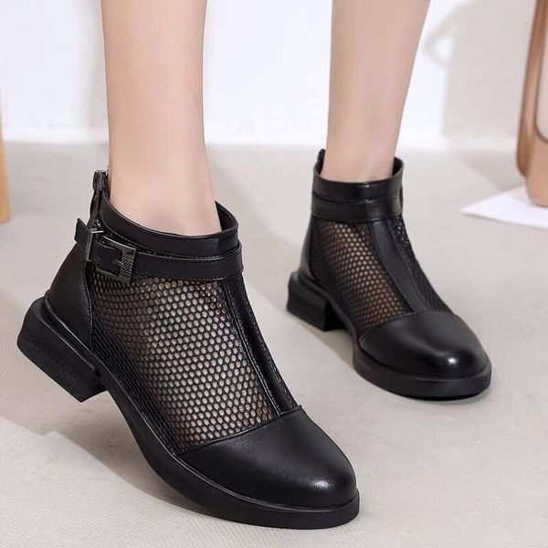 leather hollow out women's sho flat bottom rt boots children's single middle heel soft leather mh mother's fish mouth, Black
leather hollow out women's sho flat bottom rt boots children's single middle heel soft leather mh mother's fish mouth, Black