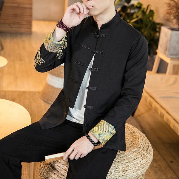 men's casual shirts chinese 2021 autumn clothes embroidered jacket jinlong vertical collar buckle, White;black
men's casual shirts chinese 2021 autumn clothes embroidered jacket jinlong vertical collar buckle, White;black