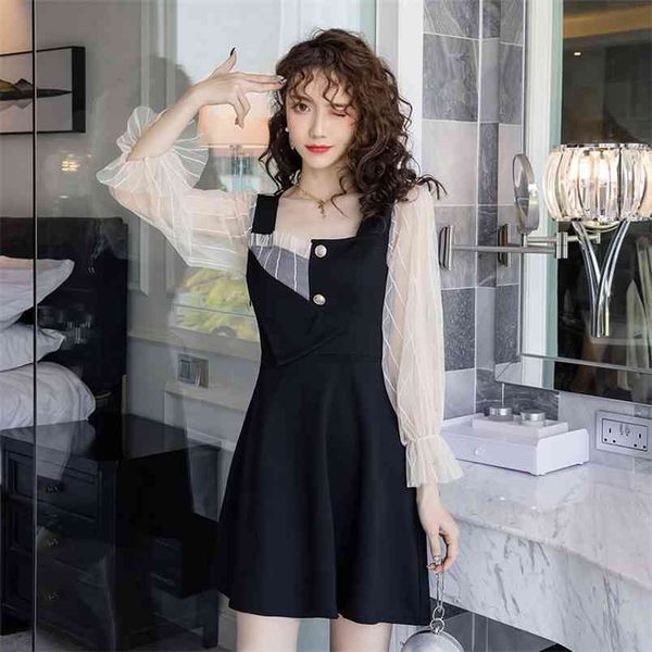 women's short dress spring autumn mesh patchwork button a-line flare sleeve slim fit female ml622 210506, Black;gray
women's short dress spring autumn mesh patchwork button a-line flare sleeve slim fit female ml622 210506, Black;gray