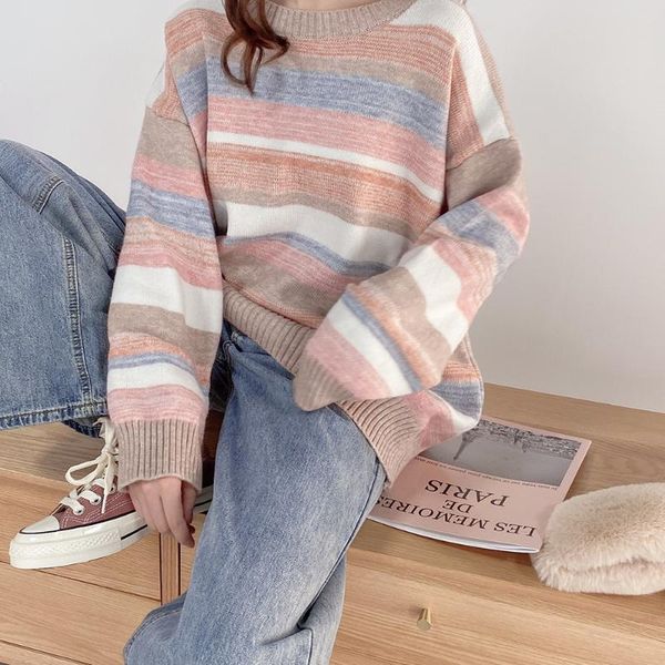 women's sweaters 2021 winter oversize casual shirt bottoming ol commute stripe sweater, White;black
women's sweaters 2021 winter oversize casual shirt bottoming ol commute stripe sweater, White;black