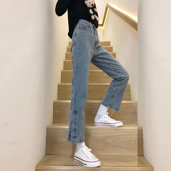 women's jeans summer retro high-waisted loose split straight-leg all-match thin cropped trousers, Blue
women's jeans summer retro high-waisted loose split straight-leg all-match thin cropped trousers, Blue