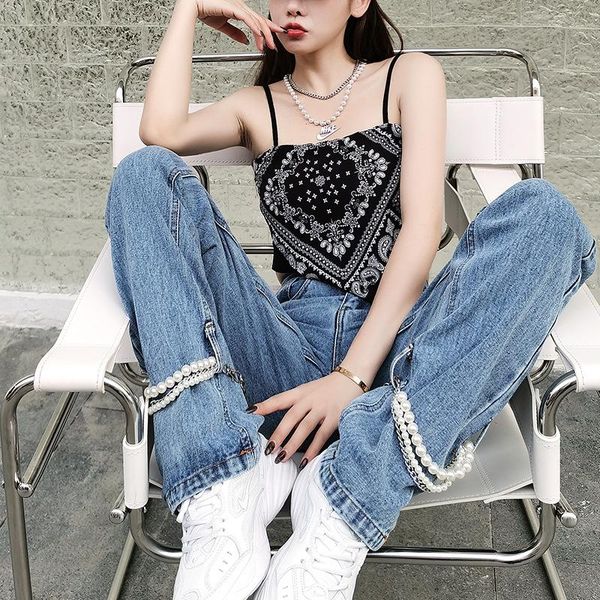women's jeans superaen streetwear pearl chain for women high waist slim straight pants casual trouser, Blue
women's jeans superaen streetwear pearl chain for women high waist slim straight pants casual trouser, Blue