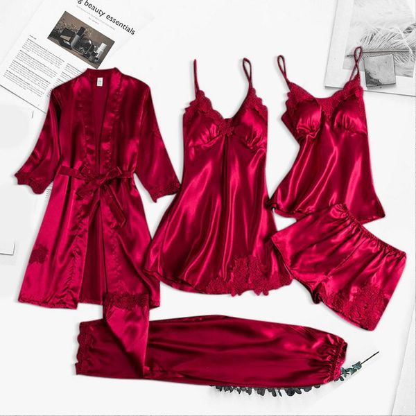 women's sleepwear women pajamas 5pcs sets satin pijama silk home wear clothing lace sleep lounge pyjamas with chest pads, Black;red
women's sleepwear women pajamas 5pcs sets satin pijama silk home wear clothing lace sleep lounge pyjamas with chest pads, Black;red