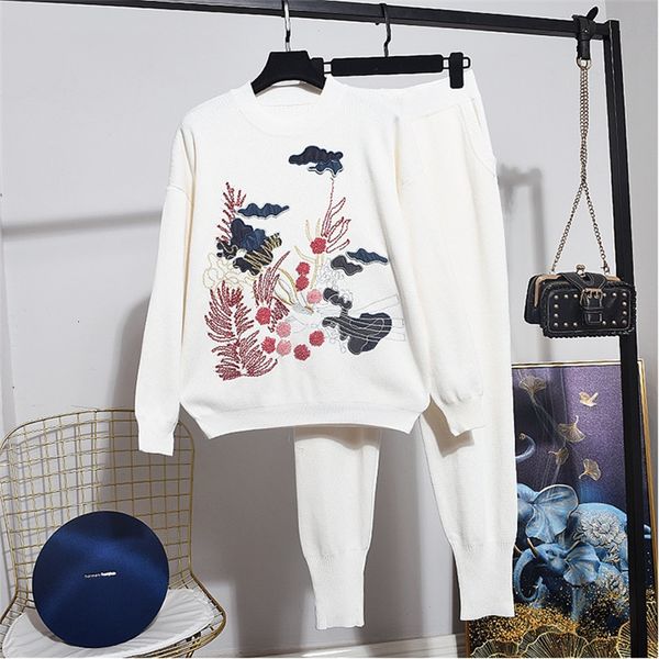 pant fashion embroidery flowers tracksuit female 2pc spring casual loose sleeve pullover long pencil pants women knitted set, White
pant fashion embroidery flowers tracksuit female 2pc spring casual loose sleeve pullover long pencil pants women knitted set, White