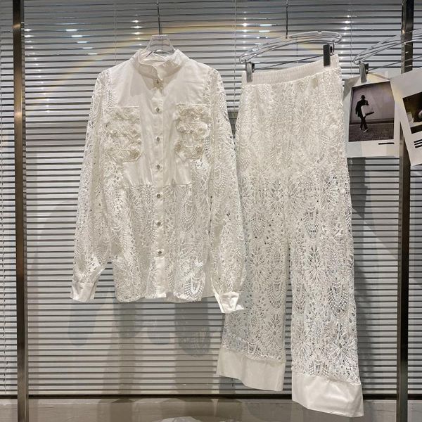 summer hollow out lace hook flower shirt coat + wide leg pants two piece set women's, White
summer hollow out lace hook flower shirt coat + wide leg pants two piece set women's, White