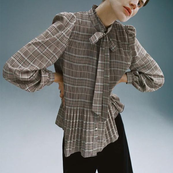 pleated plaid blouse women long puff sleeve high collar tie office lady loose shirt female chic front button vintage women's blouses &, White
pleated plaid blouse women long puff sleeve high collar tie office lady loose shirt female chic front button vintage women's blouses &, White