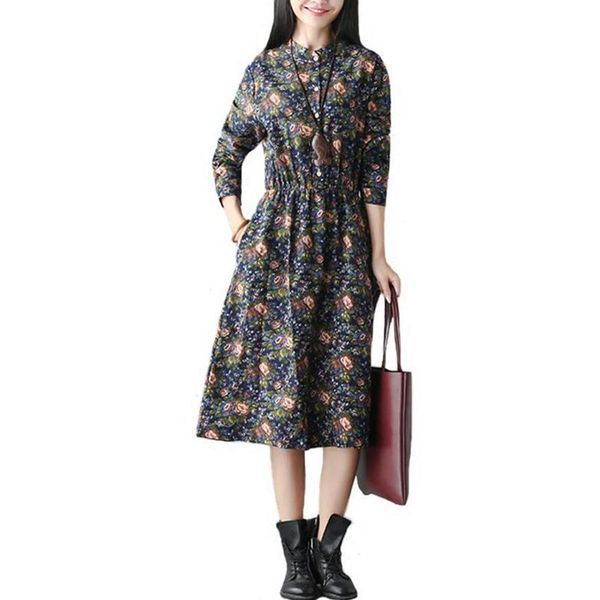 casual dresses floral print dress women vintage cotton linen spring summer long sleeve full robe female vestidos, Black;gray
casual dresses floral print dress women vintage cotton linen spring summer long sleeve full robe female vestidos, Black;gray
