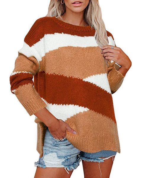 women's sweaters 2022 european and american fall/winter loose knit sweater irregular stripes color block women pullover, White;black
women's sweaters 2022 european and american fall/winter loose knit sweater irregular stripes color block women pullover, White;black