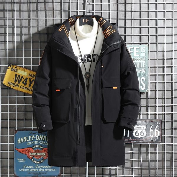 down jacket men's medium and long korean outdoor work clothes thickened warm hooded cold proof student couple, Black
down jacket men's medium and long korean outdoor work clothes thickened warm hooded cold proof student couple, Black