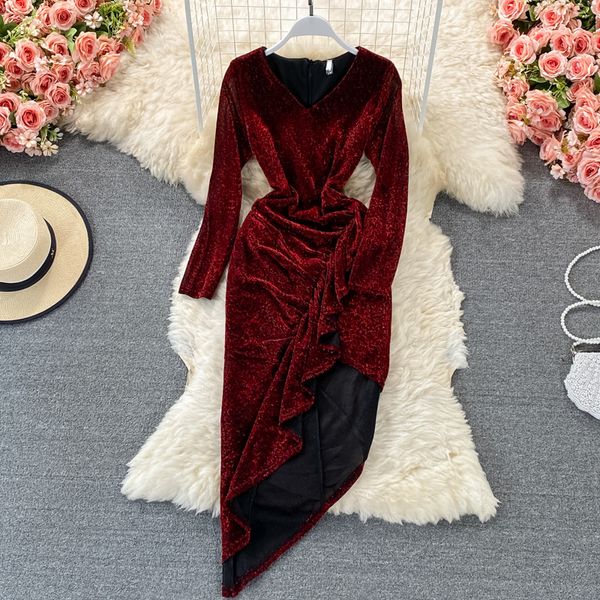 red/gold/gray irregular party long dress v-neck long sleeve high waist ruffle bodycon vestidos female spring autumn 2021, Black;gray
red/gold/gray irregular party long dress v-neck long sleeve high waist ruffle bodycon vestidos female spring autumn 2021, Black;gray