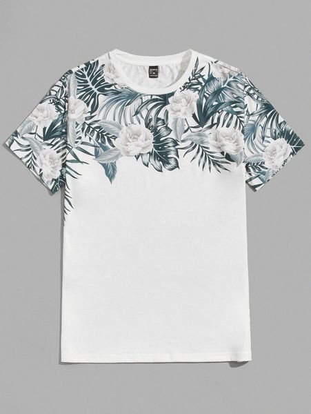 men floral print contrast trim tee 41uz#, White;black